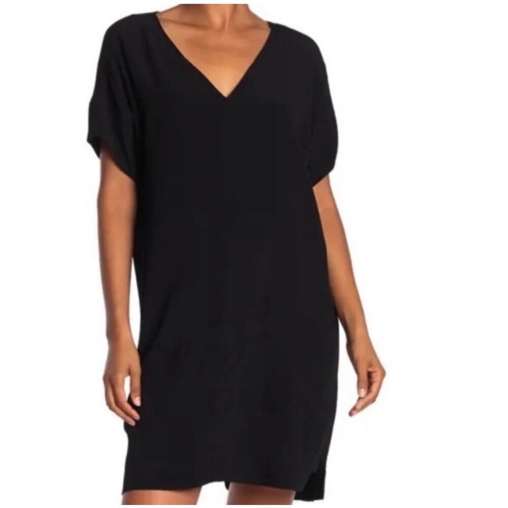 Madewell Size Medium T-Shirt Dress Tunic Black V Neck Short Sleeves Pullover